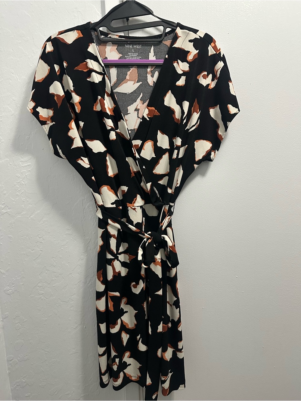 Nine West Black Floral-Print Faux Wrap Midi Dress